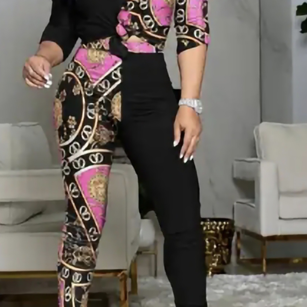 Elegant Black and Pink Casual Contrast Print 2pc Set